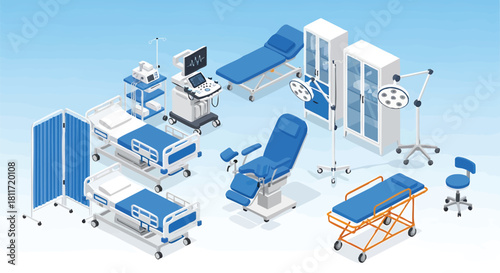 Isometric hospital equipment and furniture for examination and medical procedures