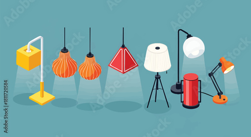 Isometric lamps collection vector illustration featuring modern and vintage designs