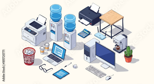 Isometric Office Scene with Computer Laptop and Assorted Office Supplies