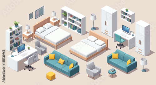 Isometric Room Design with Beds Sofas Desks and Furniture Illustration