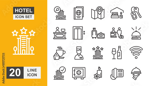 Hotel icon set. Room, reception, comfort, lobby, key and more line icon.