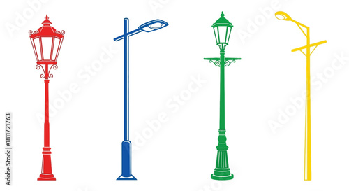 Colorful street lamp designs presented in a simple illustrative row