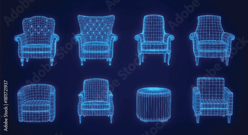 Wireframe Armchair and Ottoman Collection Blueprint Style Home Design Concepts