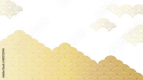Web広告やSNSに使いやすい、金色と青海波を合わせた上品で高級な和風背景。“Calm and Luxurious Japanese Seigaiha Wave Background with Gold Accents ”
