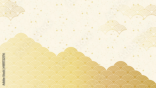 金色をあしらった青海波模様と和紙が上品に調和する高級感のある和風背景。“Premium Japanese Washi Texture Background with Simple Gold Seigaiha Pattern”