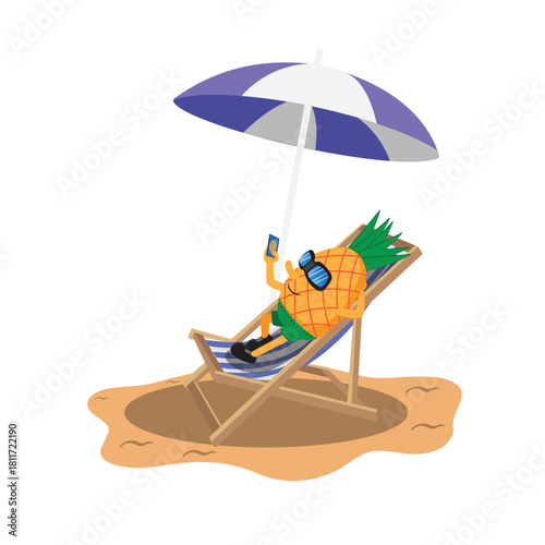 pineapple on Vacation, relaxing on a beach chair while holding a smartphone good for sticker, poster