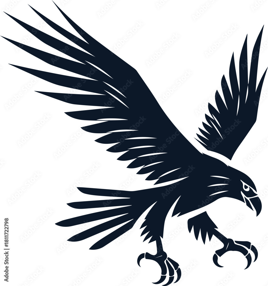 Obraz premium Black vector silhouette of a majestic flying eagle with wings, symbolizing freedom and strength, perfect for an illustration or tattoo design