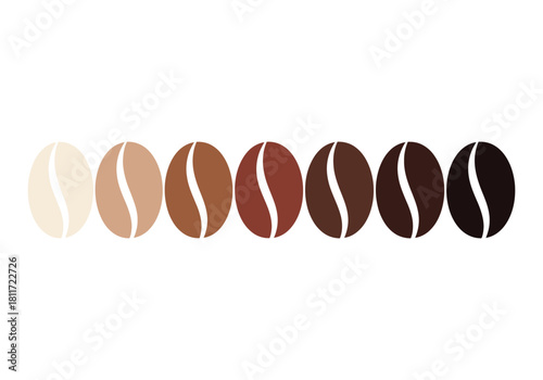 Six coffee beans show varying shades of roast light to dark brown