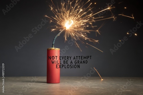 A single lit firecracker with a sputtering fuse against a dark background