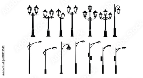 A collection of vintage street lamps and light posts in black and white