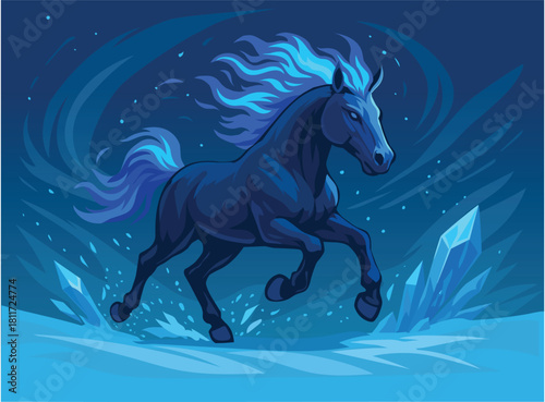 Dynamic winter horse with a deep blue fire mane and icy crystal accents, symbolizing the harsh January cold. Detailed 2D vector illustration with frosty atmosphere, strong motion and dramatic lighting