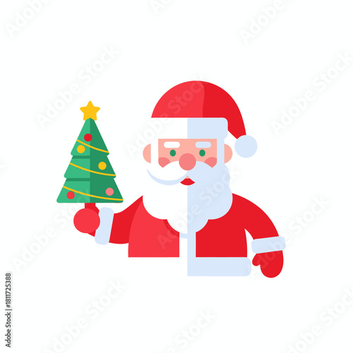 Festive Santa Claus holding a small Christmas tree with a golden star on top, illustration for holiday greeting cards and winter celebrations