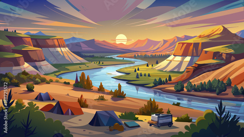 Very beautiful early morning view from Sully Creek State Park, showing Whitetail Flats Campground along the Little Missouri River near Medora. Soft dawn light illuminates the river, rolling hills, and