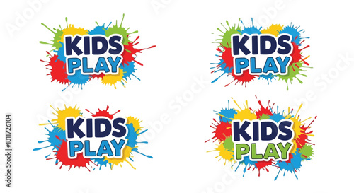 Colorful kids play splash graphics in four variations on white background