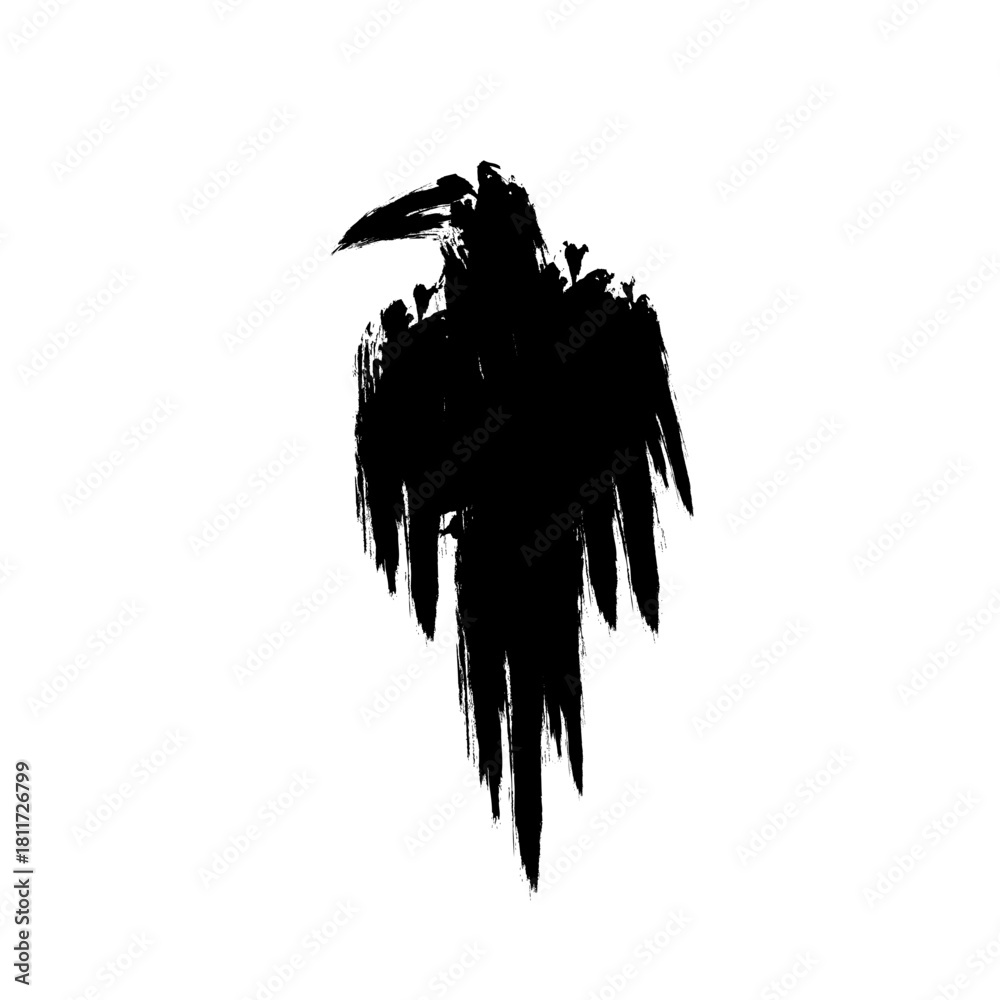 Naklejka premium Black raven or crow bird silhouette isolated on white. Vector illustration.
