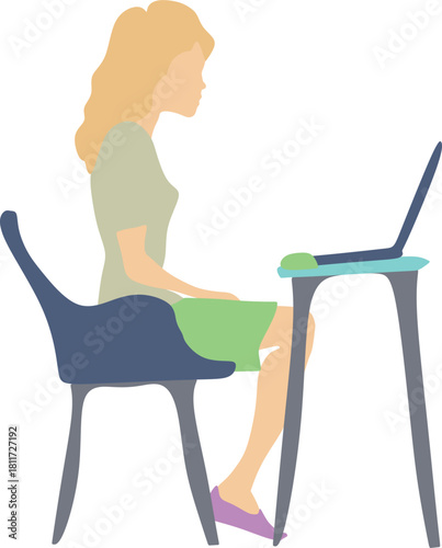 Girl at a computer, sitting at a laptop, working on social media, working on a computer, working on the internet, vector image of a girl, working in an office, looking at a laptop, looking at a comput