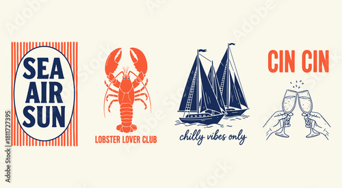 Vintage nautical art collection four retro beach seaside ocean holiday themed designs