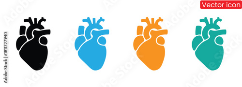 Colorful human heart icons for medical info graphics design,Human heart silhouette vector flat illustration design. heart isometric emblem, black isolated silhouette