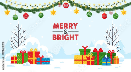 Cheerful Santa Claus Merry Christmas Greeting Card and Banner