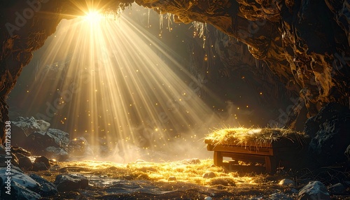 Inside the cave with empty wooden manger. Birth of Jesus Christ.	
