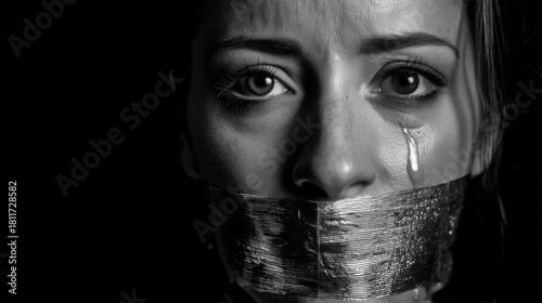 Closeup of a woman with duct tape over her mouth and tears symbolizing silence and suffering from domestic violence