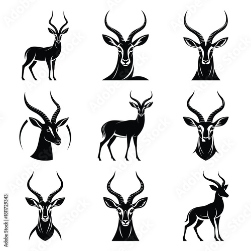 Set of vector black confused antelope silhouette icon. Isolated black animal shape design element.