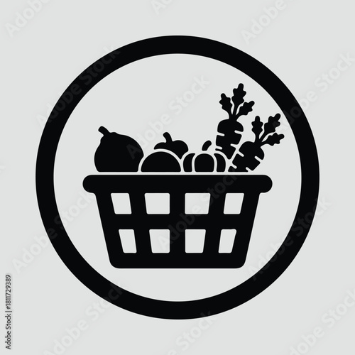 Illustrator full basket of organic vegetables inside a circle Silhouette vector