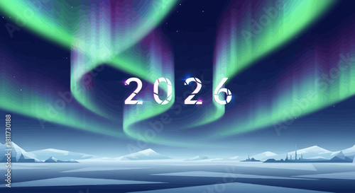 Cyber Aurora New Year 2026 Vector Flat Landscape