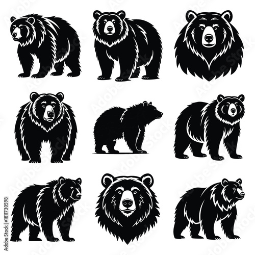 Set of vector black fuzzy bear silhouette icon. Isolated black animal shape design element.