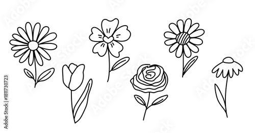 Hand drawn floral doodle set with seven simple sketch flowers conveying cheerful organic charm
