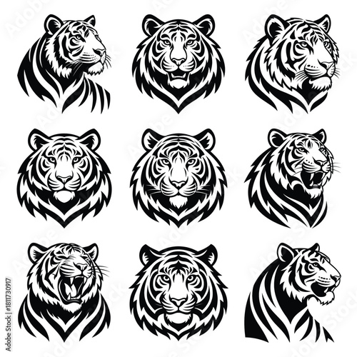 Set of vector black giggle tiger silhouette icon. Isolated black animal shape design element.