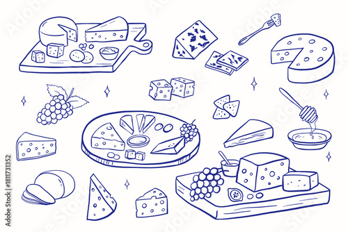 Cheese platter icon in doodle style with various gourmet pieces. Line art illustration shows camembert, cheddar, grapes on charcuterie board. French-inspired food sketch design.