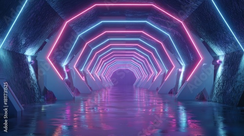 Fototapeta Naklejka Na Ścianę i Meble -  A futuristic tunnel illuminated by pink and blue neon lights