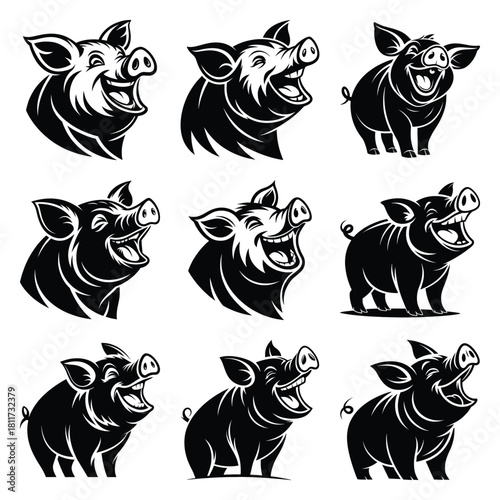 Set of vector black laughing piglet silhouette icon. Isolated black animal shape design element.