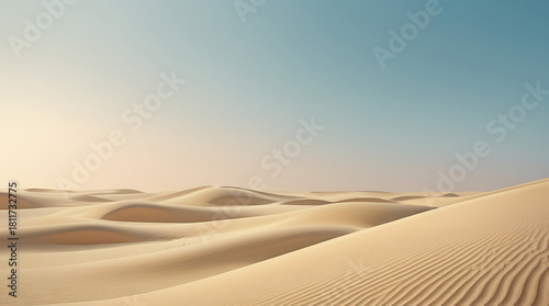 Fototapeta Naklejka Na Ścianę i Meble -  Vast Desert Dunes at Sunrise/Sunset with Clear Sky - AI Generated Landscape