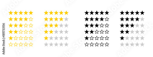 Set of Black and Yellow Golden Five Stars Icon Product Quality Rating Review Symbol. Vector Image.