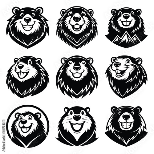 Set of vector black smiling beaver silhouette icon. Isolated black animal shape design element.
