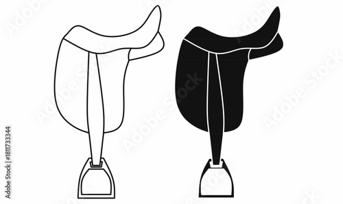 riding horse or saddle horse with stirrup icon set.outline and silhouette.for equestrian icons, riding equipment graphics, and logo use.