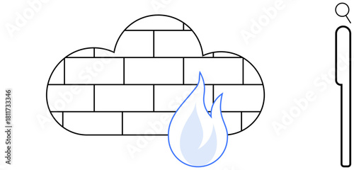 Brick-patterned cloud with flame, emphasizing network firewall and data protection. Ideal for cybersecurity, cloud computing, digital safety, software, IT infrastructure, data management