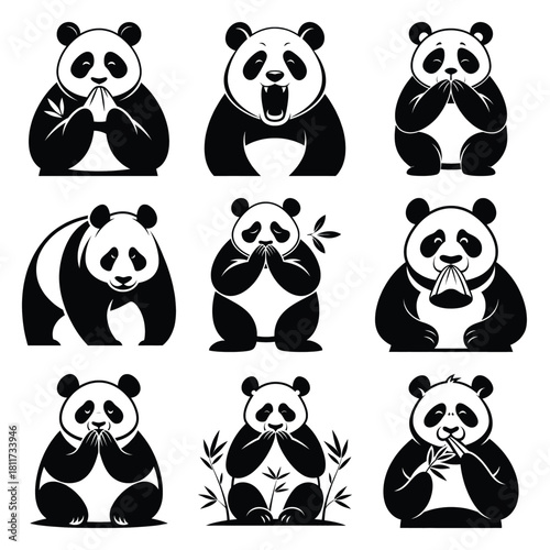 Set of vector black sneezing panda silhouette icon. Isolated black animal shape design element.