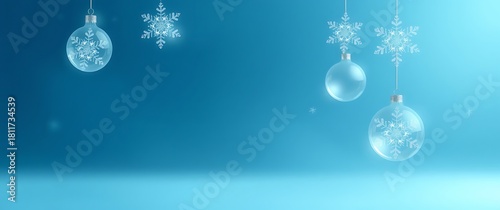 Delicate ice crystal ornaments hanging against a soft blue background