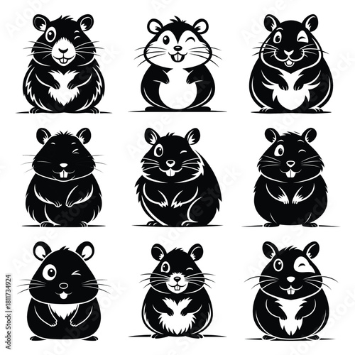 Set of vector black winking hamster silhouette icon. Isolated black animal shape design element.