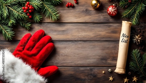 Christmas decorations with a red glove and a nice list on a wooden table, showcasing holiday spirit and preparation for the festive season Generative AI