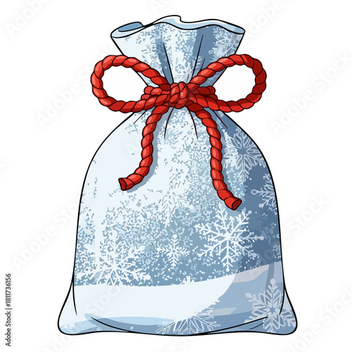 Winter Gift Sack with Red Ribbon and Snowflake Pattern.