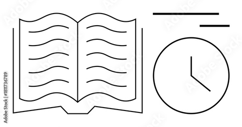 Open book with text lines next to a clock, symbolizing reading, study, and time management. Ideal for education, planning, productivity, organization, deadlines self-discipline simple flat metaphor