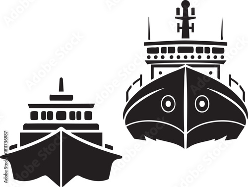 Black silhouette vector icons of two front-view vessels: a cargo ship and a passenger boat. for maritime transport, logistics, and shipping graphics.