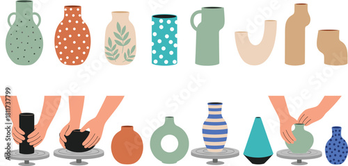 Contemporary Vector Collection of Handmade Ceramic Vases and Pottery, Illustrating Hands Working on a Potter's Wheel, Abstract Shapes, and Modern Home Decor Vessels.