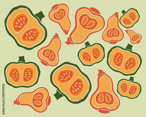 Butternut squash pumpkin cut away pattern garden harvest background layout print art editable