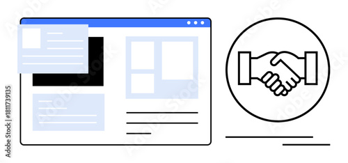 Digital collaboration concept. Digital tools and handshake symbol highlight teamwork for online business agreements. Digital collaboration aids workflows and enhances partnerships. Great
