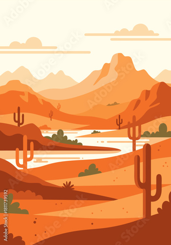 Warm Desert Landscape Illustration with Cacti, Mountains, and River View